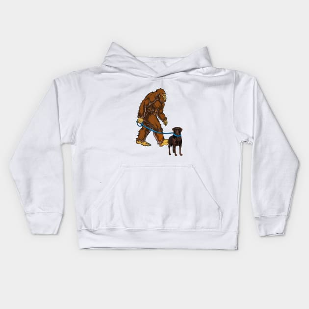 Funny Bigfoot Sasquatch Walking chocolate lab Kids Hoodie by JameMalbie